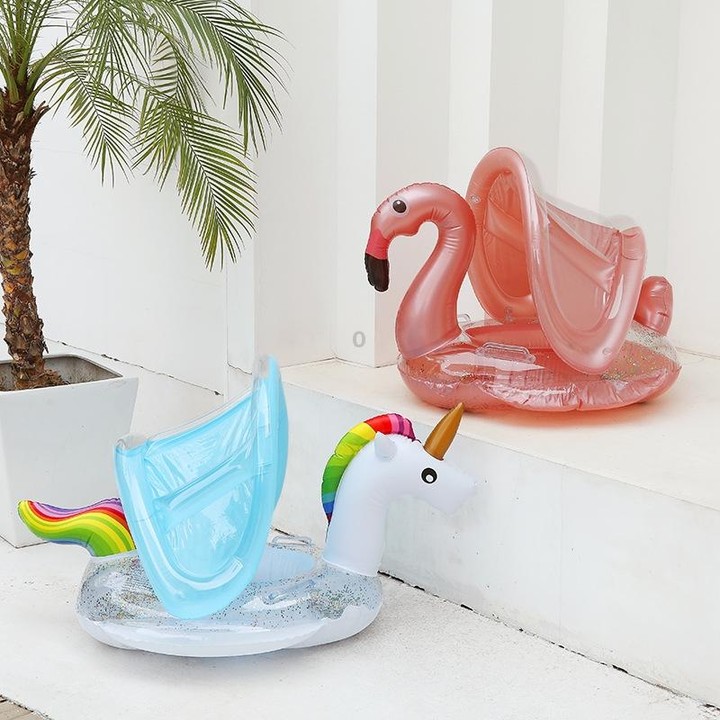 Inflatable Children Swimming Ring with Sunshade Floating Seat(Flamingo)