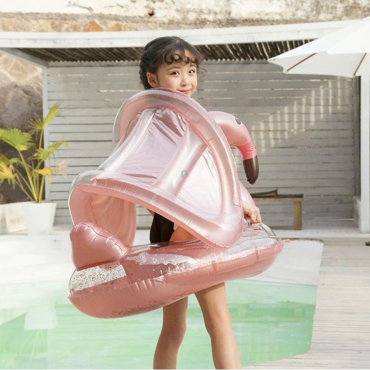 Inflatable Children Swimming Ring with Sunshade Floating Seat(Flamingo)