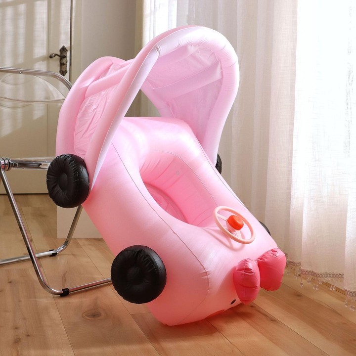 Removable Sunshade Car Shape Inflatable Pool Float Swimming Ring Baby Float Seat(Pink)