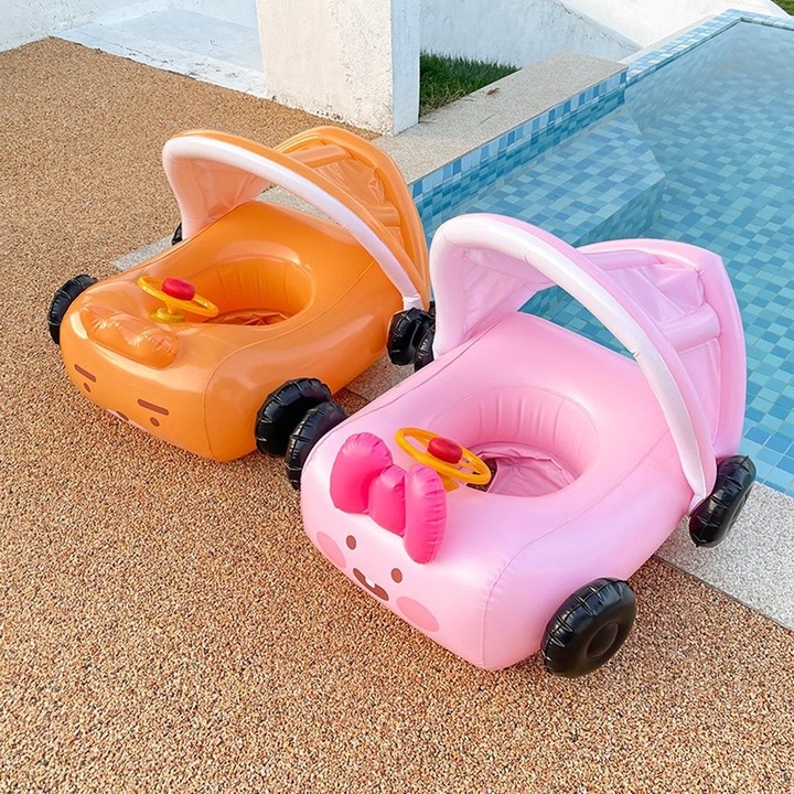 Removable Sunshade Car Shape Inflatable Pool Float Swimming Ring Baby Float Seat(Pink)