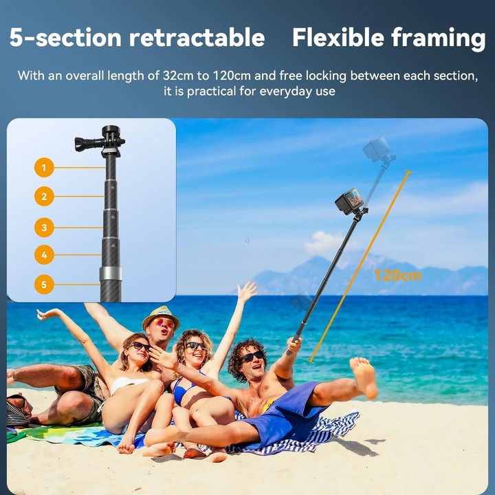 TELESIN 1.2m Carbon Fiber Monopod Selfie Stick With 1/4 Screw For DJI, Insta360, GoPro and Other Action Cameras