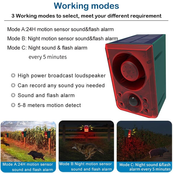 N911N Solar Alarm Infrared Sensor Sound And Light Blast Warning Light Animal Repeller(English Version)