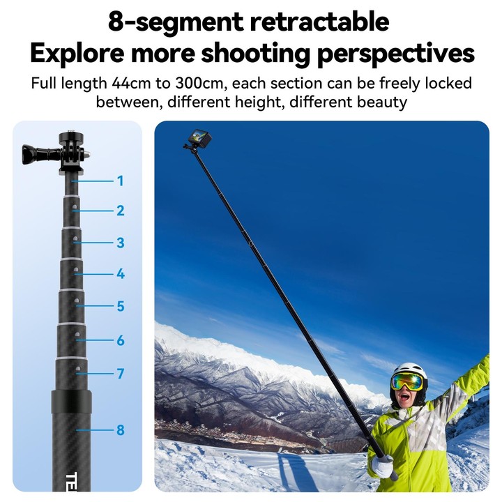 TELESIN 3M Carbon Fiber Selfie Stick Monopod With 1/4 Screw For DJI, Insta360, GoPro and Other Action Cameras