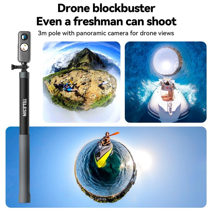 TELESIN 3M Carbon Fiber Selfie Stick Monopod With 1/4 Screw For DJI, Insta360, GoPro and Other Action Cameras