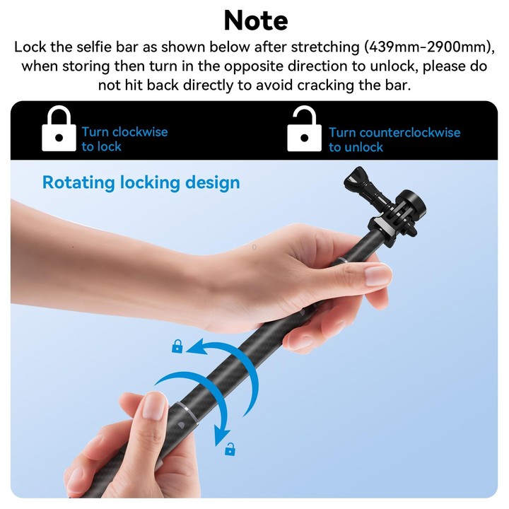 TELESIN 3M Carbon Fiber Selfie Stick Monopod With 1/4 Screw For DJI, Insta360, GoPro and Other Action Cameras