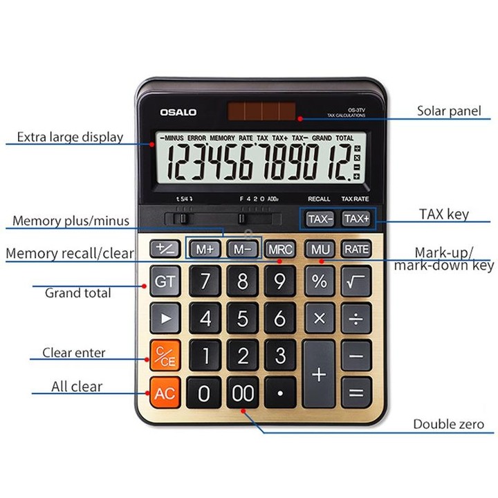 OSALO OS-3TV 12-digit LCD Screen Solar Dual Power Supply Desktop Calculator