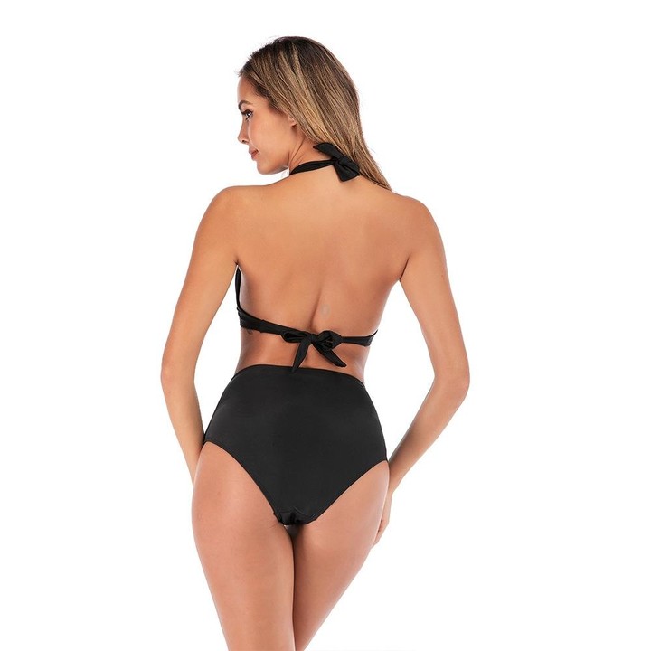 Lace-Up Halter Backless High-Waisted Swimsuit Split Printed Bikini Swimsuit, Size: S(Black)