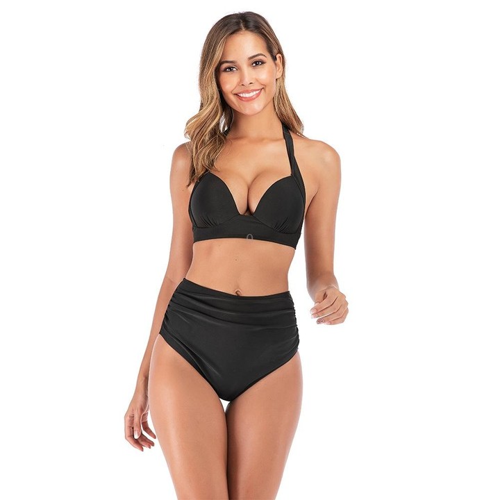 Lace-Up Halter Backless High-Waisted Swimsuit Split Printed Bikini Swimsuit, Size: S(Black)