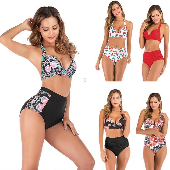 Lace-Up Halter Backless High-Waisted Swimsuit Split Printed Bikini Swimsuit, Size: S(Leaves)