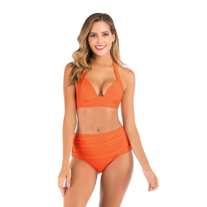 Lace-Up Halter Backless High-Waisted Swimsuit Split Printed Bikini Swimsuit, Size: S(Orange)