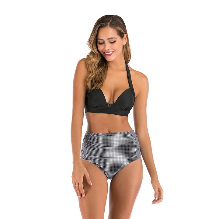 Lace-Up Halter Backless High-Waisted Swimsuit Split Printed Bikini Swimsuit, Size: S(Striped Pants)