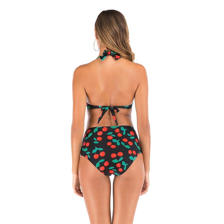 Lace-Up Halter Backless High-Waisted Swimsuit Split Printed Bikini Swimsuit, Size: S(Black Cherry)