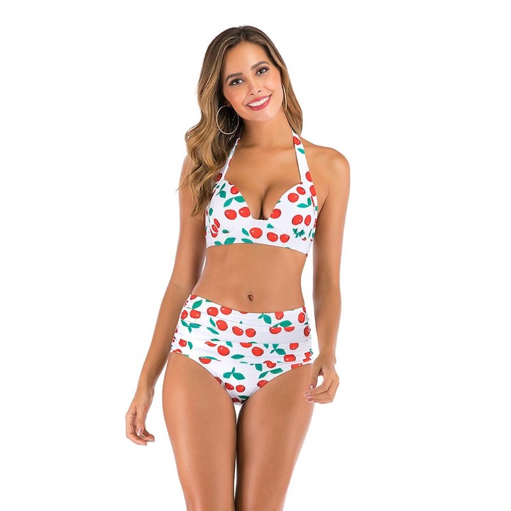 Lace-Up Halter Backless High-Waisted Swimsuit Split Printed Bikini Swimsuit, Size: S(White Cherry)
