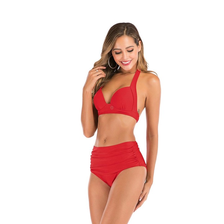 Lace-Up Halter Backless High-Waisted Swimsuit Split Printed Bikini Swimsuit, Size: M(Red)