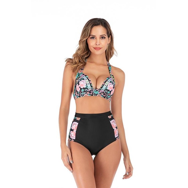Lace-Up Halter Backless High-Waisted Swimsuit Split Printed Bikini Swimsuit, Size: M(Color)