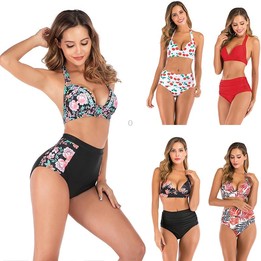 Lace-Up Halter Backless High-Waisted Swimsuit Split Printed Bikini Swimsuit, Size: M(Striped Pants)