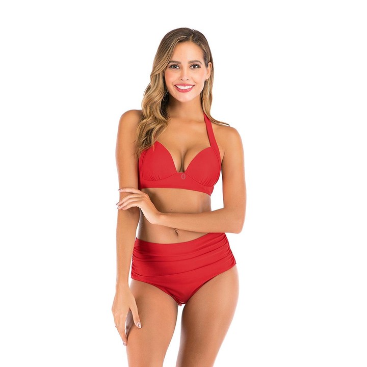 Lace-Up Halter Backless High-Waisted Swimsuit Split Printed Bikini Swimsuit, Size: L(Red)