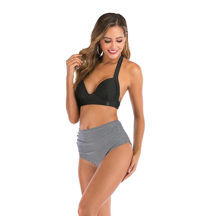 Lace-Up Halter Backless High-Waisted Swimsuit Split Printed Bikini Swimsuit, Size: XL(Striped Pants)