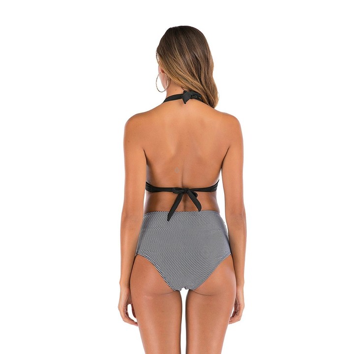 Lace-Up Halter Backless High-Waisted Swimsuit Split Printed Bikini Swimsuit, Size: XL(Striped Pants)