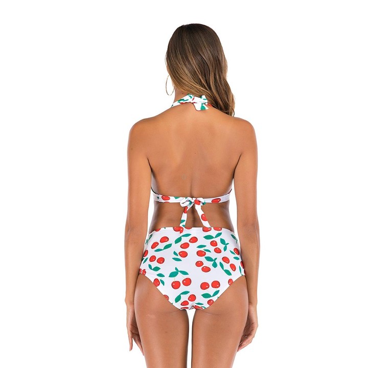 Lace-Up Halter Backless High-Waisted Swimsuit Split Printed Bikini Swimsuit, Size: XL(White Cherry)