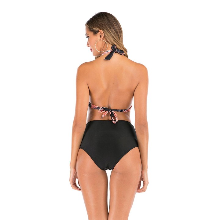 Lace-Up Halter Backless High-Waisted Swimsuit Split Printed Bikini Swimsuit, Size: XL(Retro Flower)