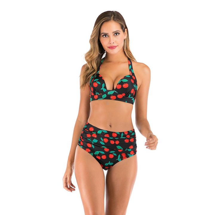 Lace-Up Halter Backless High-Waisted Swimsuit Split Printed Bikini Swimsuit, Size: XXL(Black Cherry)