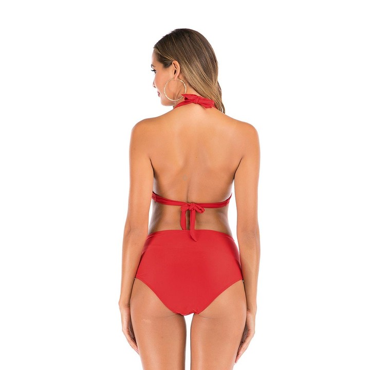 Lace-Up Halter Backless High-Waisted Swimsuit Split Printed Bikini Swimsuit, Size: XXXL(Red)