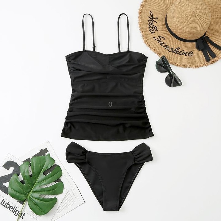Summer Solid Color Suspender Swimsuit with Chest Pad Ruched Belly Cover Bikini, Size: M(Claret)