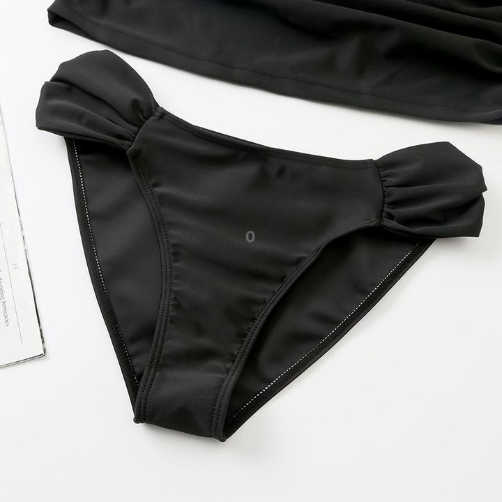 Summer Solid Color Suspender Swimsuit with Chest Pad Ruched Belly Cover Bikini, Size: L(Yellow)