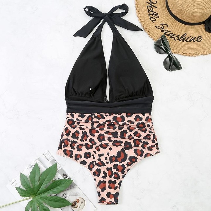 Summer One-piece Backless Lace-Up Ladies Swimsuit Floral-print Halter Bikini, Size: S(Black+Leopard)