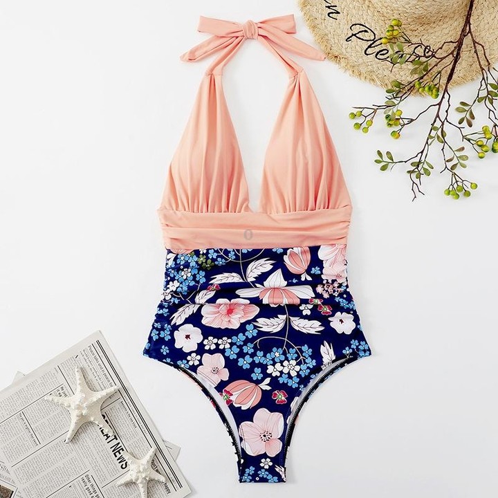 Summer One-piece Backless Lace-Up Ladies Swimsuit Floral-print Halter Bikini, Size: S(Pink+Flower)