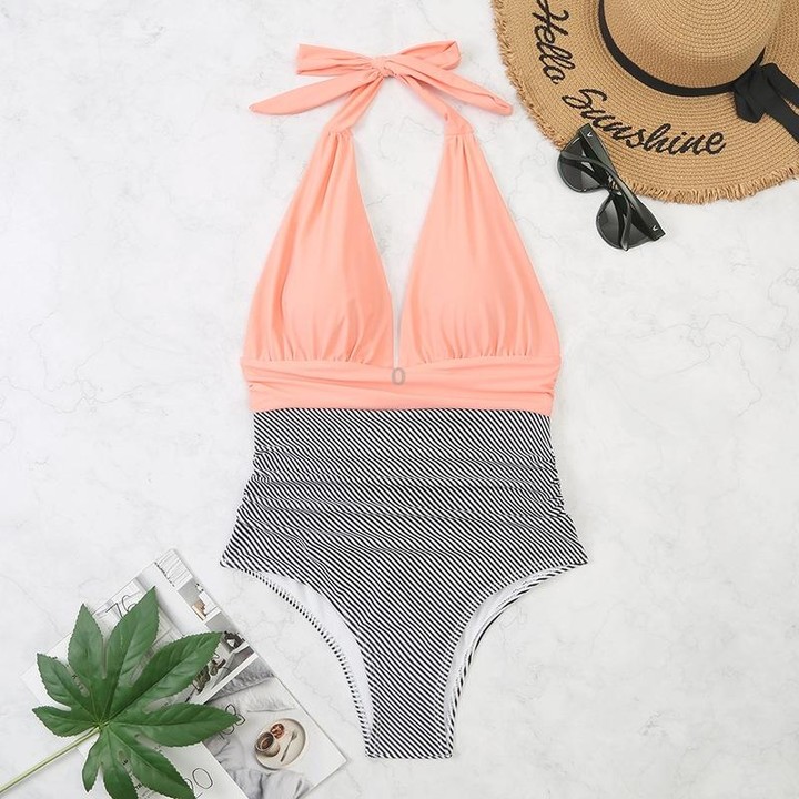 Summer One-piece Backless Lace-Up Ladies Swimsuit Floral-print Halter Bikini, Size: M(Pink+Oblique Strip)