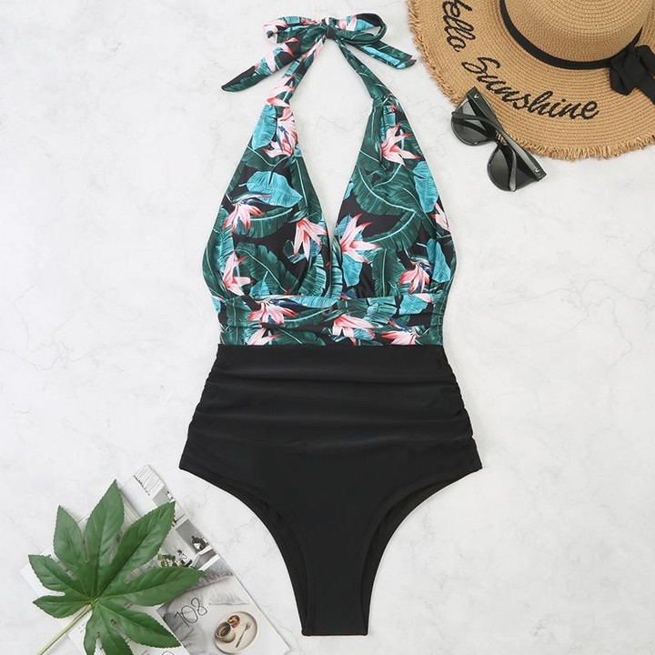 Summer One-piece Backless Lace-Up Ladies Swimsuit Floral-print Halter Bikini, Size: M(Flower+Black)