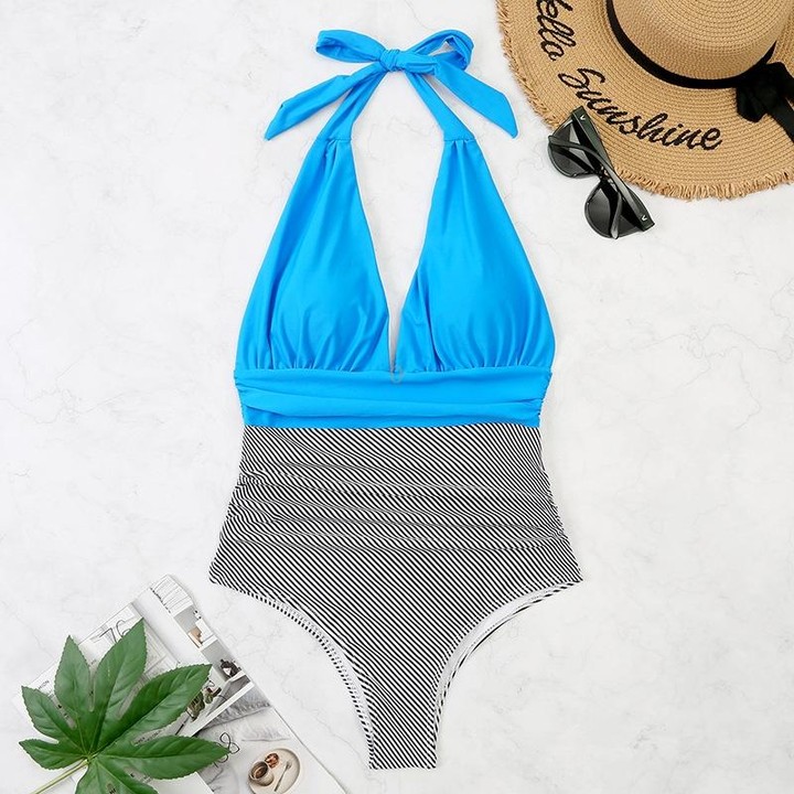 Summer One-piece Backless Lace-Up Ladies Swimsuit Floral-print Halter Bikini, Size: M(Blue+Oblique Strip)
