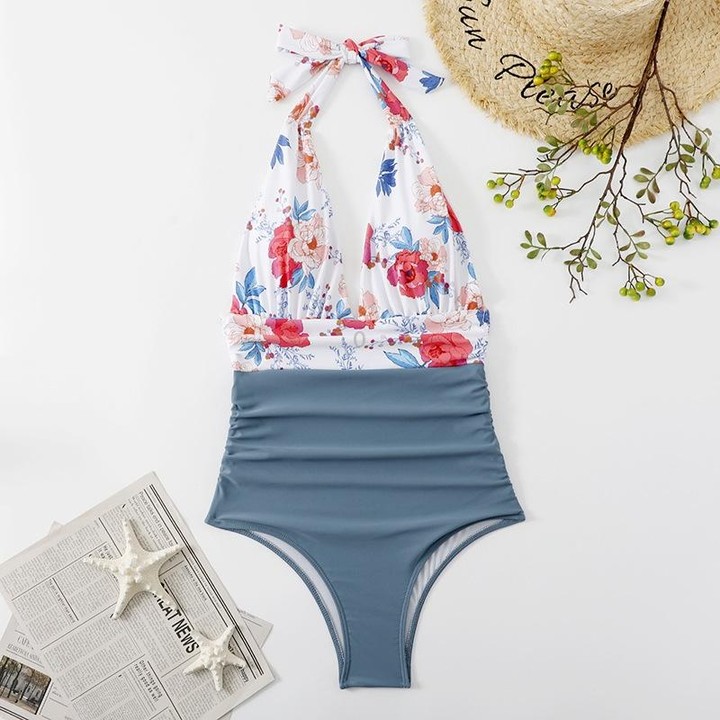 Summer One-piece Backless Lace-Up Ladies Swimsuit Floral-print Halter Bikini, Size: M(Red Flower+Blue)