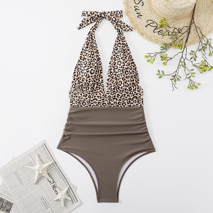 Summer One-piece Backless Lace-Up Ladies Swimsuit Floral-print Halter Bikini, Size: M(Leopard+Coffee)