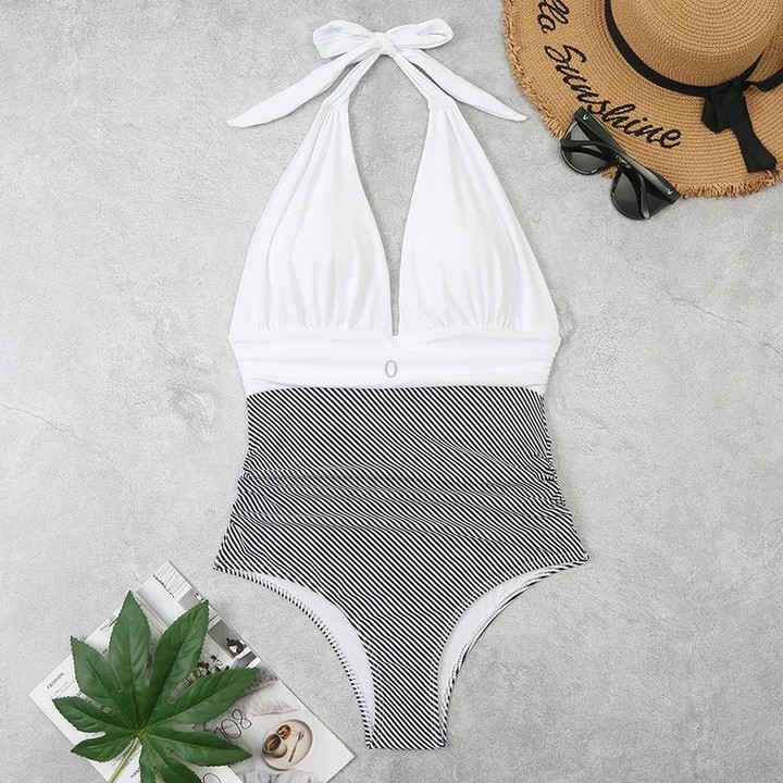 Summer One-piece Backless Lace-Up Ladies Swimsuit Floral-print Halter Bikini, Size: L(White+Oblique Strip)