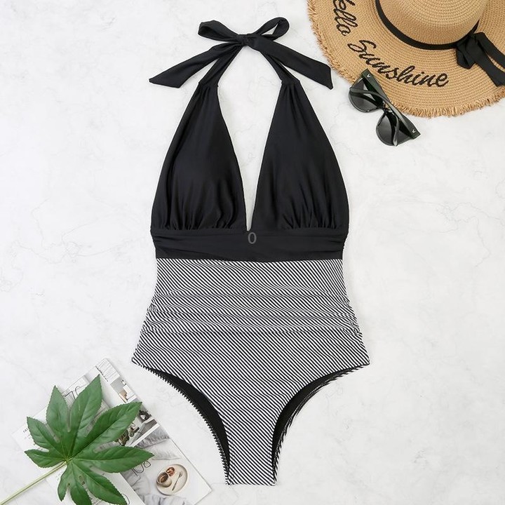 Summer One-piece Backless Lace-Up Ladies Swimsuit Floral-print Halter Bikini, Size: L(Black+Oblique Strip)