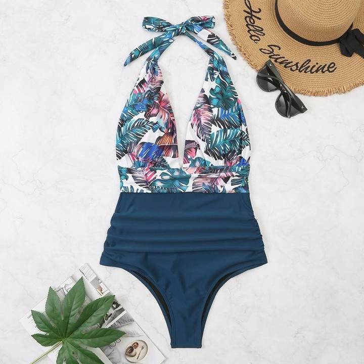 Summer One-piece Backless Lace-Up Ladies Swimsuit Floral-print Halter Bikini, Size: L(Flower+Deep Blue)