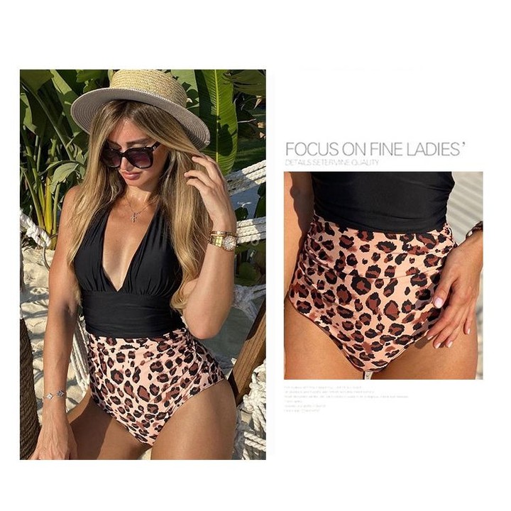 Summer One-piece Backless Lace-Up Ladies Swimsuit Floral-print Halter Bikini, Size: L(Flower+Deep Blue)