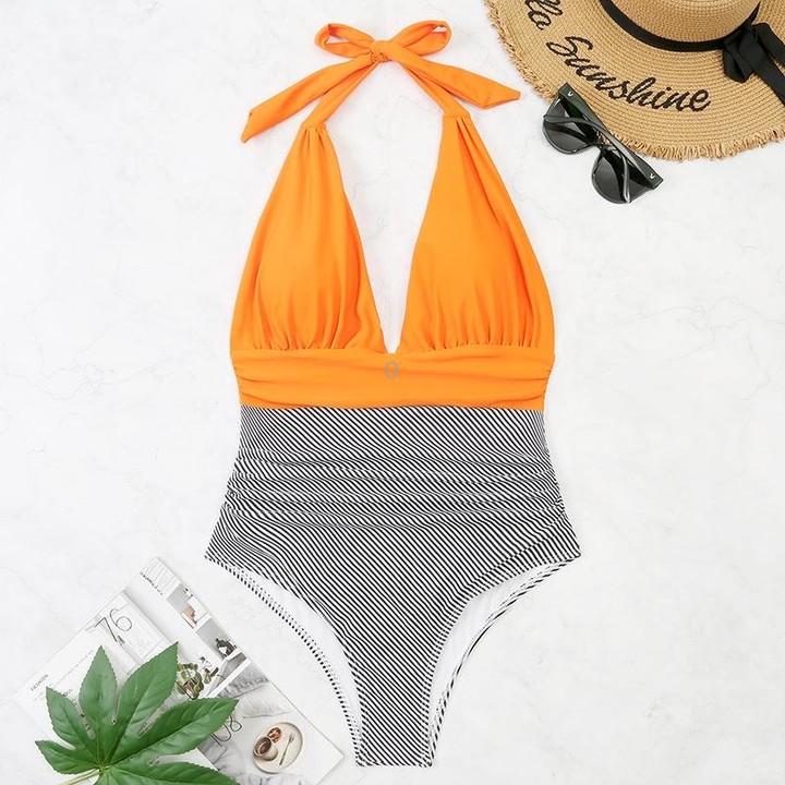 Summer One-piece Backless Lace-Up Ladies Swimsuit Floral-print Halter Bikini, Size: L(Orange+Oblique Strip)