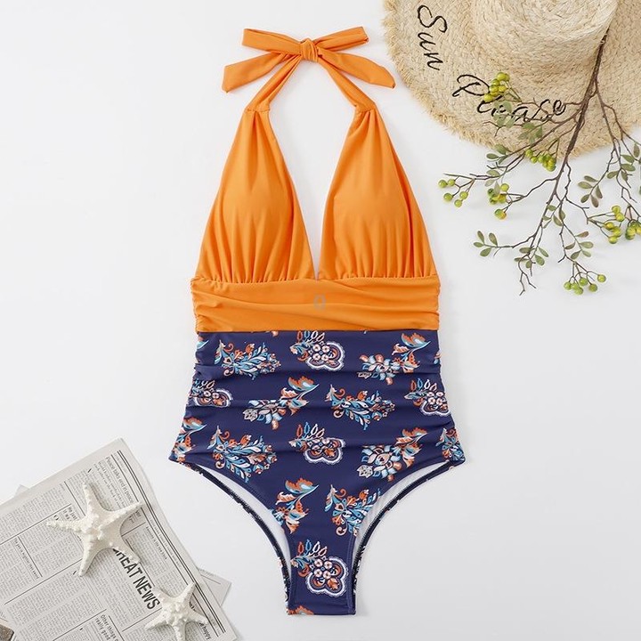 Summer One-piece Backless Lace-Up Ladies Swimsuit Floral-print Halter Bikini, Size: L(Orange+Flower)
