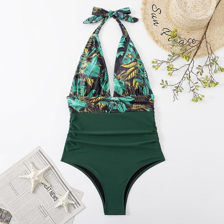 Summer One-piece Backless Lace-Up Ladies Swimsuit Floral-print Halter Bikini, Size: L(Green Leaves+Green)