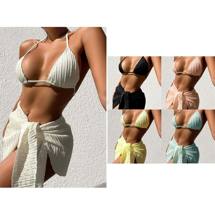Summer Sexy Halter Bikini Three-piece Suit Solid Lace-up Swimsuit with Breasts Pad, Size: M(Lotus Color)