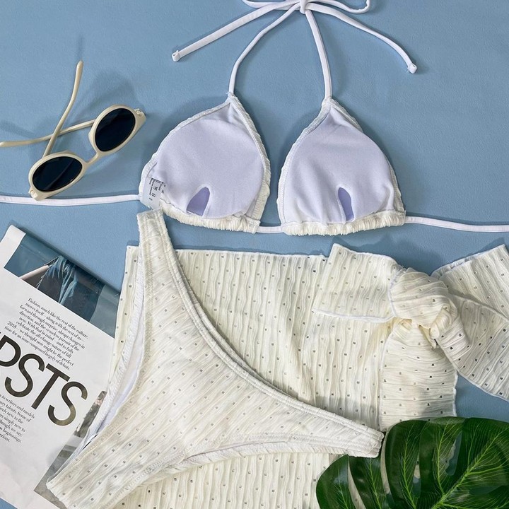 Summer Sexy Halter Bikini Three-piece Suit Solid Lace-up Swimsuit with Breasts Pad, Size: M(Lotus Color)