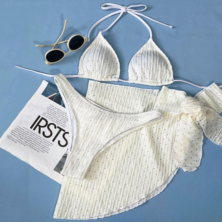 Summer Sexy Halter Bikini Three-piece Suit Solid Lace-up Swimsuit with Breasts Pad, Size: L(Lotus Color)