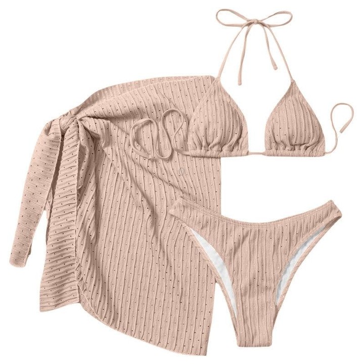 Summer Sexy Halter Bikini Three-piece Suit Solid Lace-up Swimsuit with Breasts Pad, Size: XL(Lotus Color)