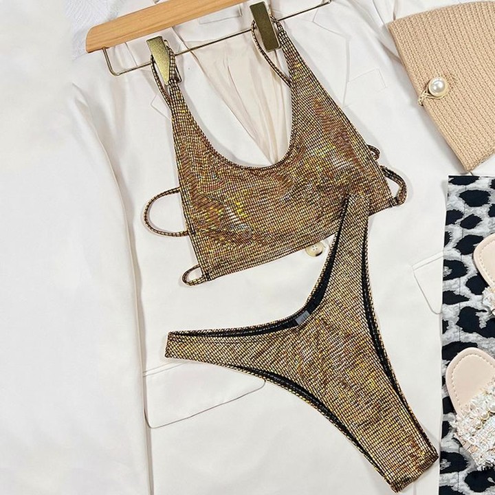 Split Multicolor Gradient Bikini Drawstring Beauty Back Sexy Swimsuit, Size: S(4)