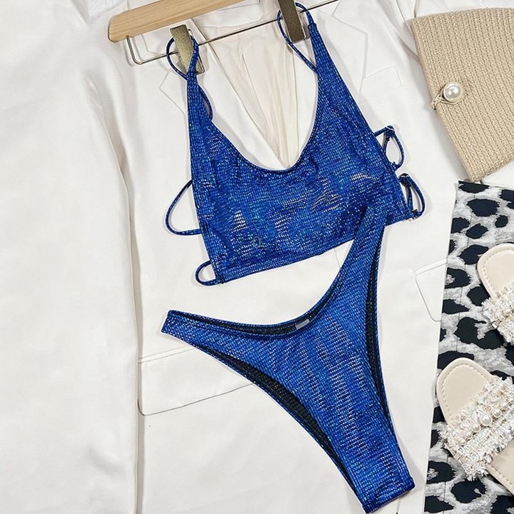 Split Multicolor Gradient Bikini Drawstring Beauty Back Sexy Swimsuit, Size: M(3)