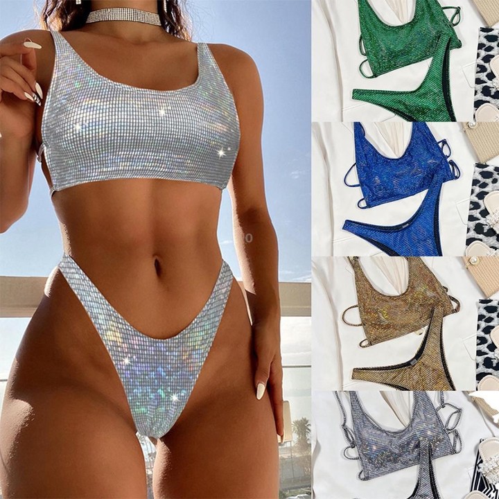 Split Multicolor Gradient Bikini Drawstring Beauty Back Sexy Swimsuit, Size: L(4)